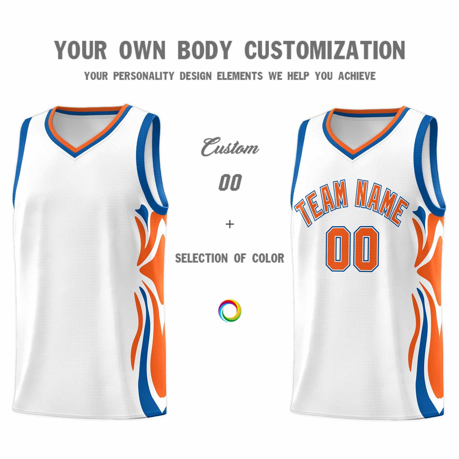 Custom White Orange-Royal Graffiti Pattern Side Curve Pattern Sports Uniform Basketball Jersey Sets