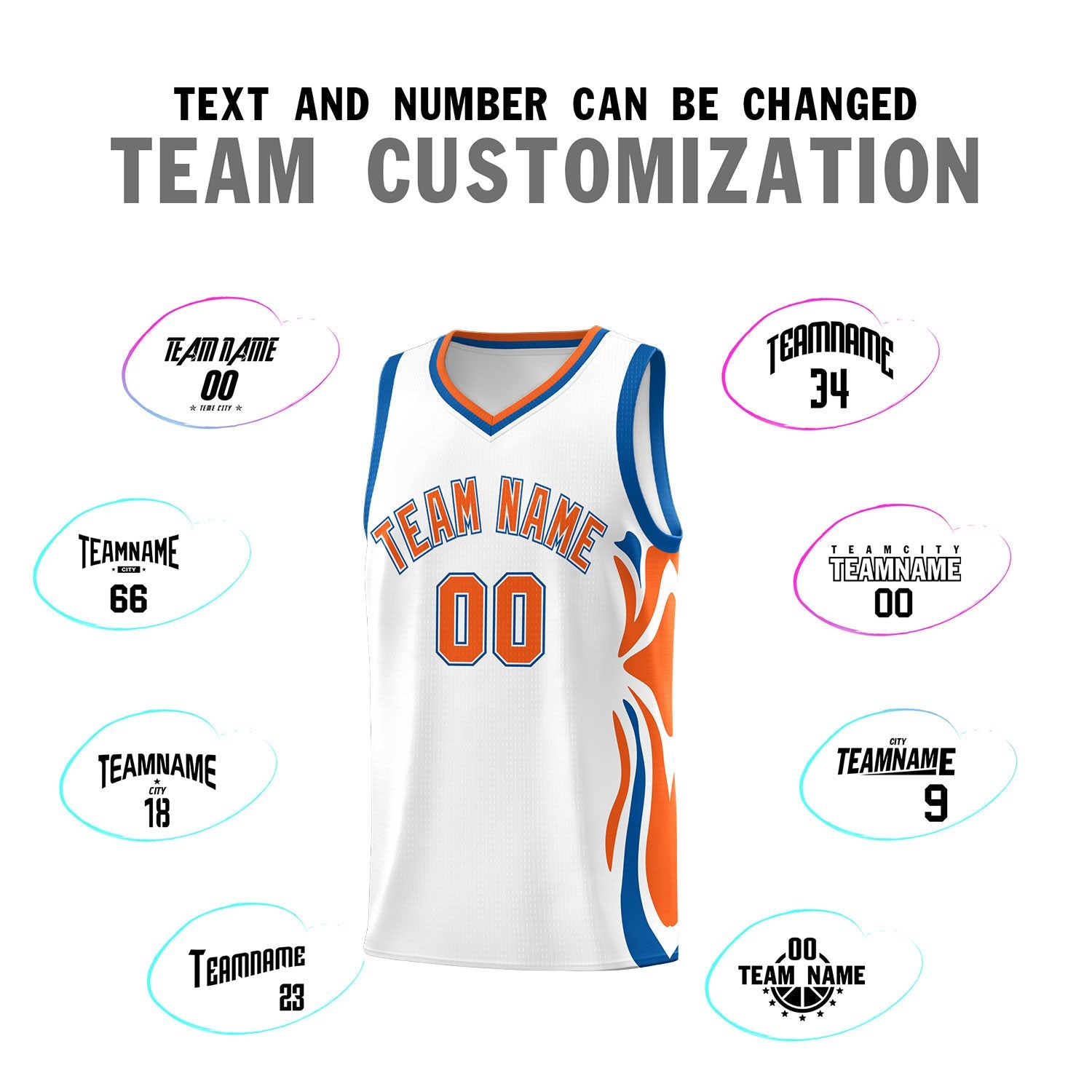 Custom White Orange-Royal Graffiti Pattern Side Curve Pattern Sports Uniform Basketball Jersey Sets