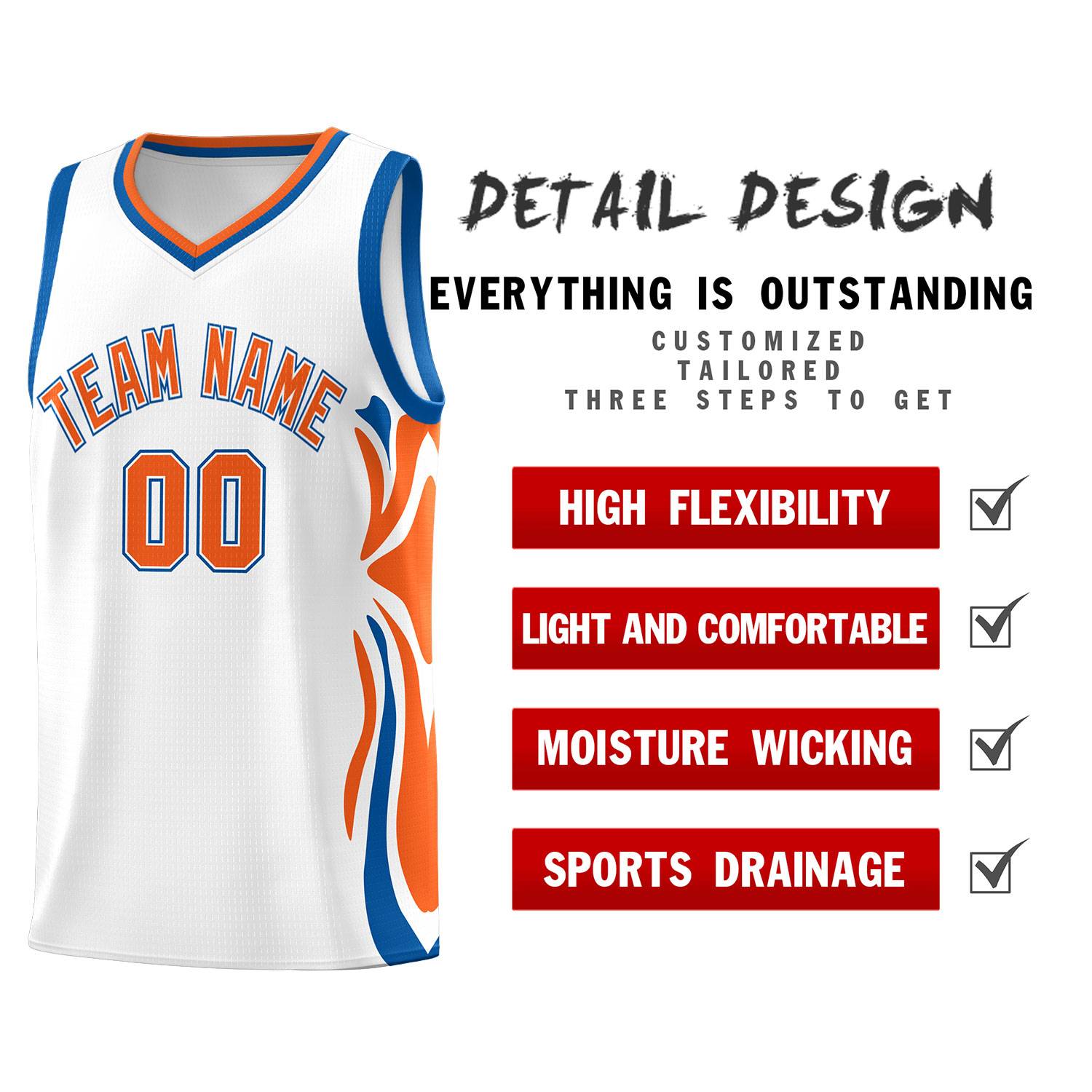 Custom White Orange-Royal Graffiti Pattern Side Curve Pattern Sports Uniform Basketball Jersey Sets