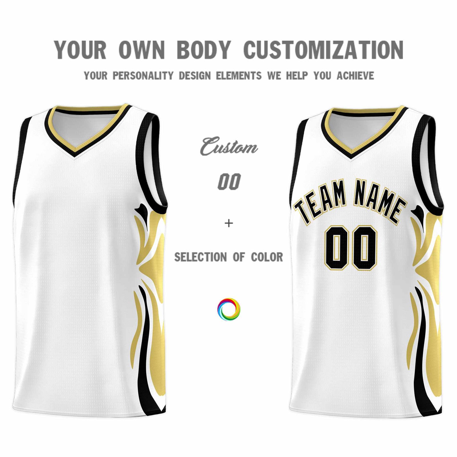 Custom White Black-Old Gold Graffiti Pattern Side Curve Pattern Sports Uniform Basketball Jersey Sets