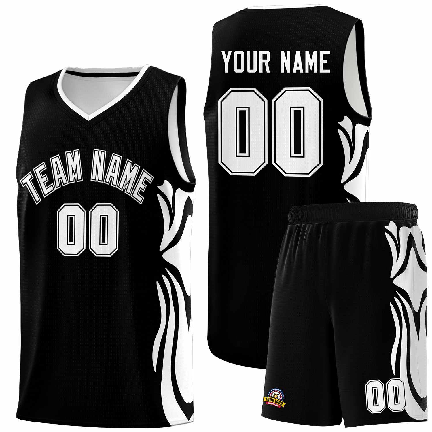 Custom Black White-White Graffiti Pattern Side Curve Pattern Sports Uniform Basketball Jersey Sets