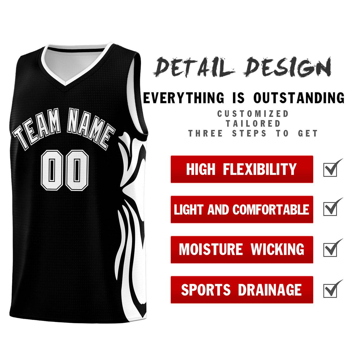 Custom Black White-White Graffiti Pattern Side Curve Pattern Sports Uniform Basketball Jersey Sets