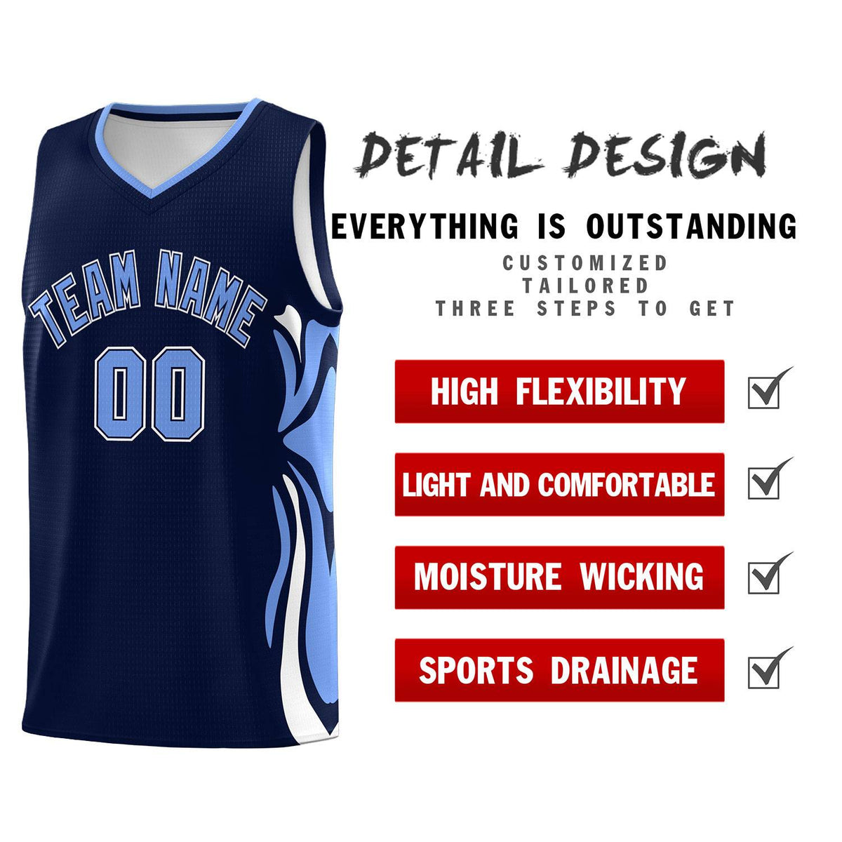 Custom Navy Light Blue-White Graffiti Pattern Side Curve Pattern Sports Uniform Basketball Jersey Sets