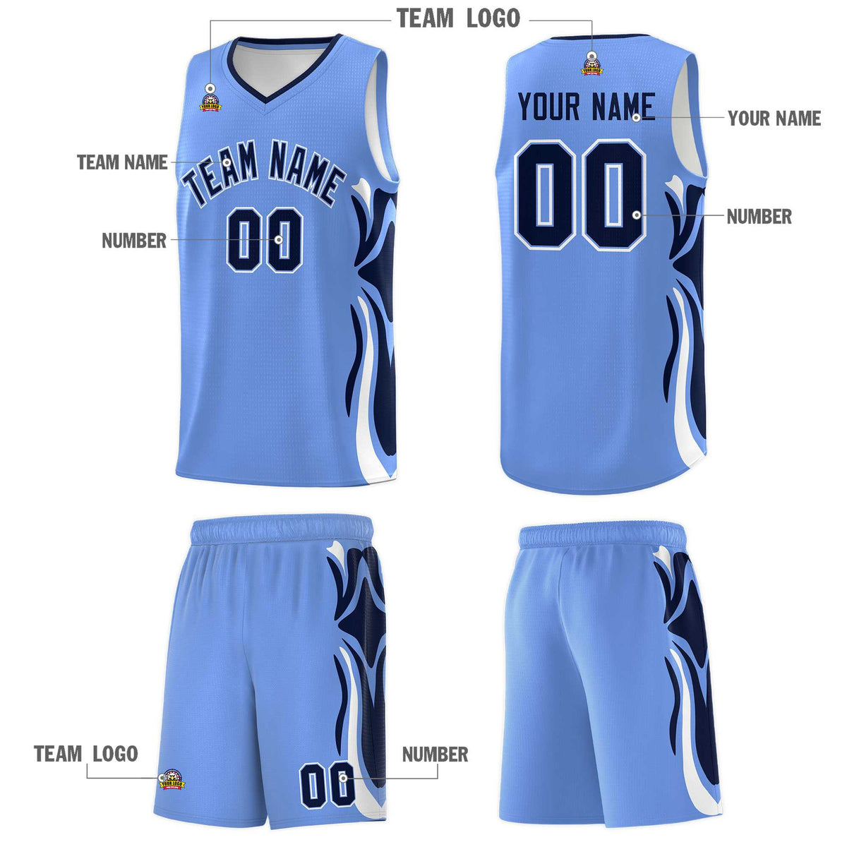 Custom Light Blue Navy-White Graffiti Pattern Side Curve Pattern Sports Uniform Basketball Jersey Sets