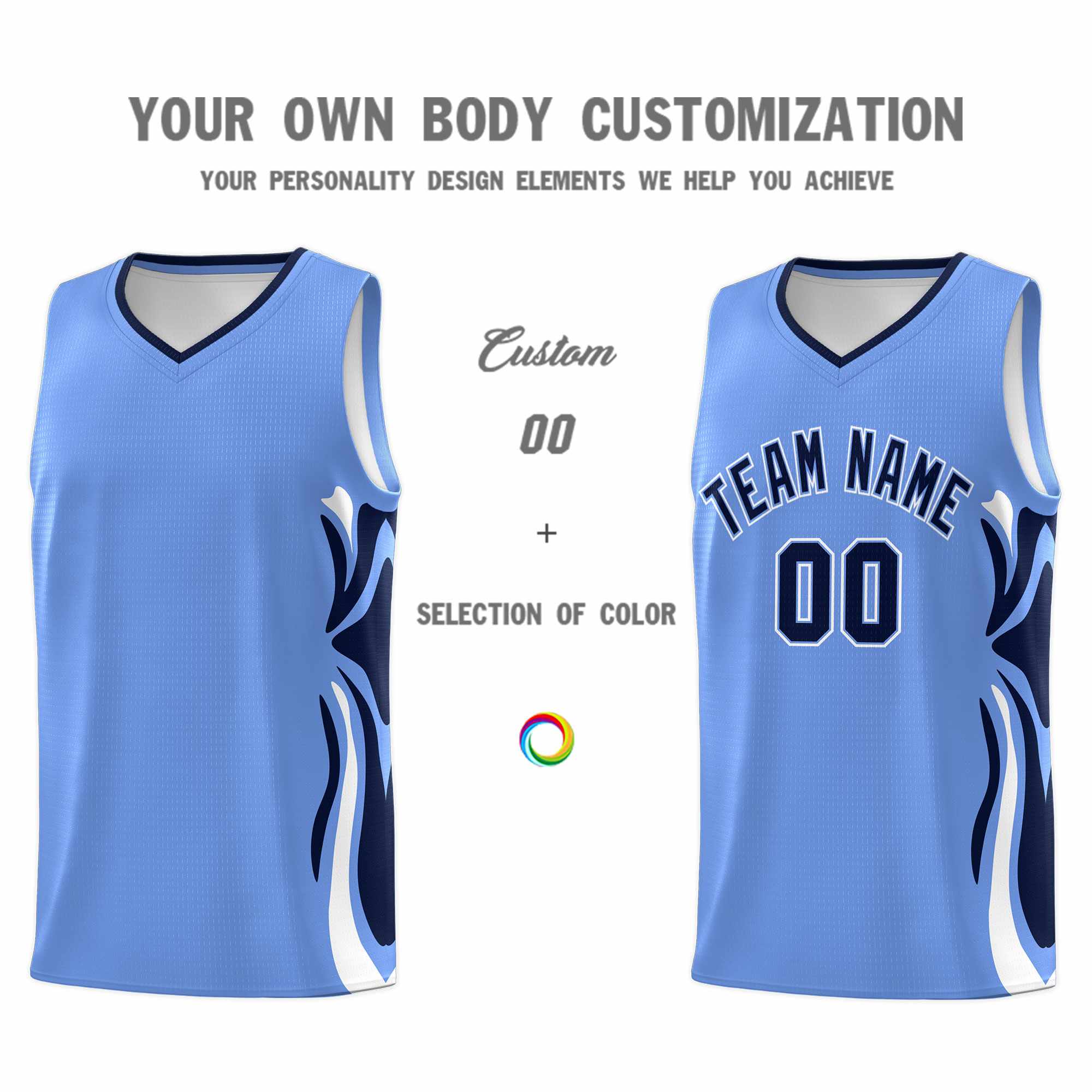 Custom Light Blue Navy-White Graffiti Pattern Side Curve Pattern Sports Uniform Basketball Jersey Sets