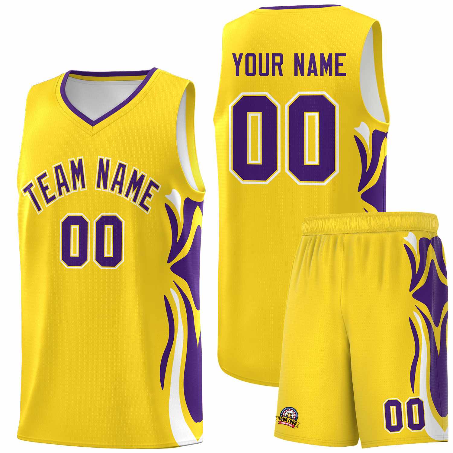 Custom Gold Purple-White Graffiti Pattern Side Curve Pattern Sports Uniform Basketball Jersey Sets