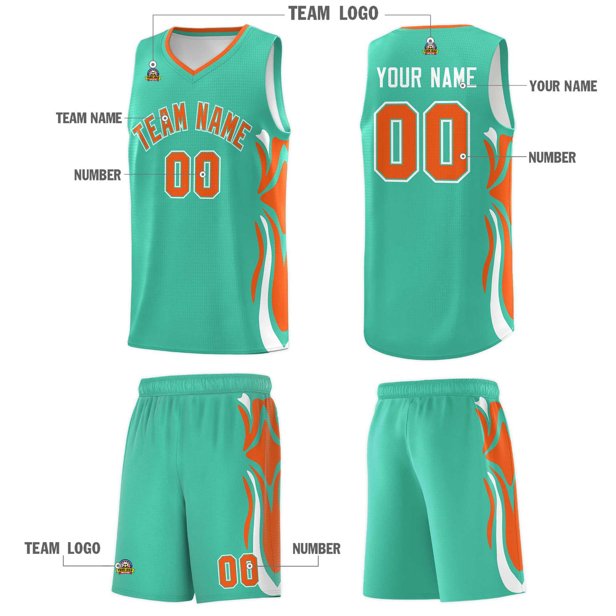 Custom Bright Green Orange-White Graffiti Pattern Side Curve Pattern Sports Uniform Basketball Jersey Sets