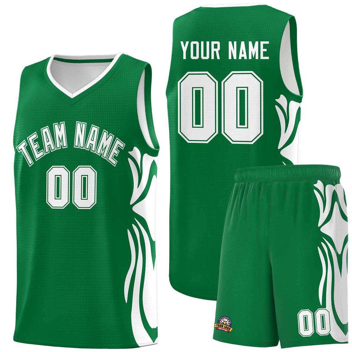 Custom Kelly Green White-White Graffiti Pattern Side Curve Pattern Sports Uniform Basketball Jersey Sets