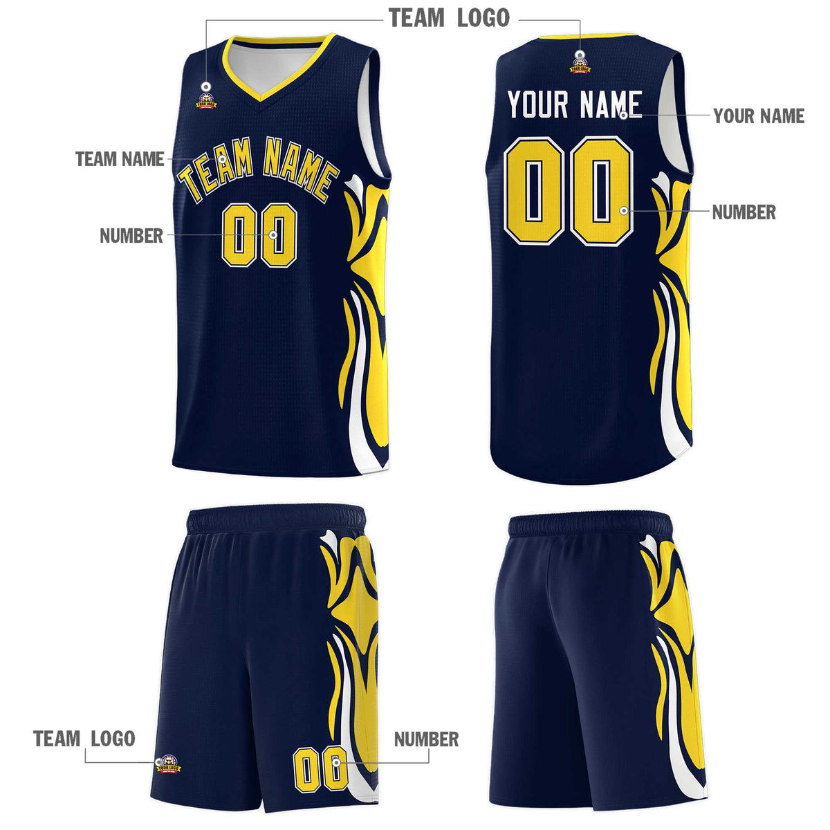 Custom Navy Gold-White Graffiti Pattern Side Curve Pattern Sports Uniform Basketball Jersey Sets