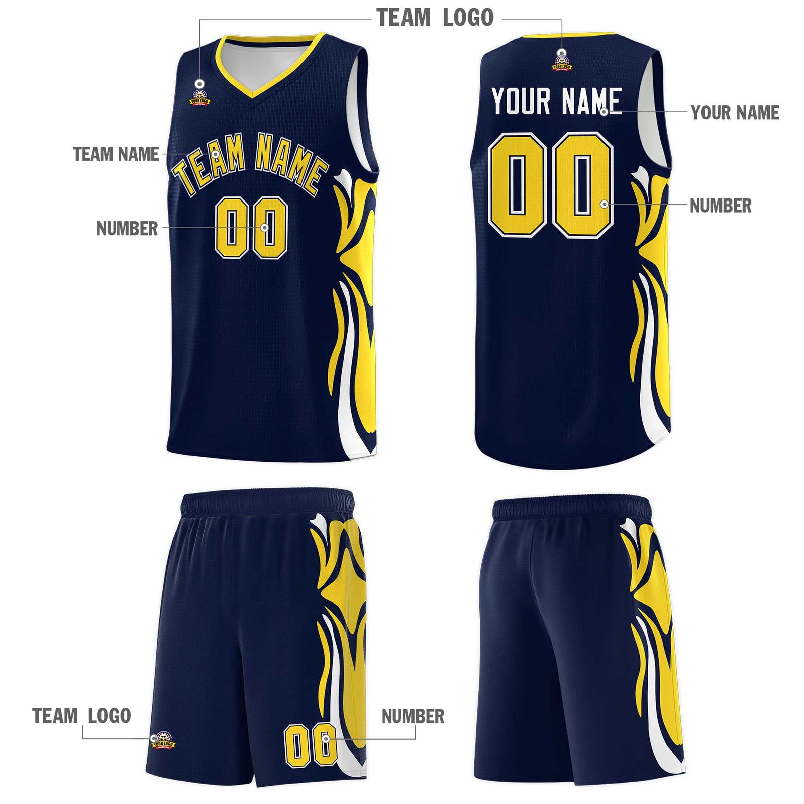 Custom Navy Gold-White Graffiti Pattern Side Curve Pattern Sports Uniform Basketball Jersey Sets