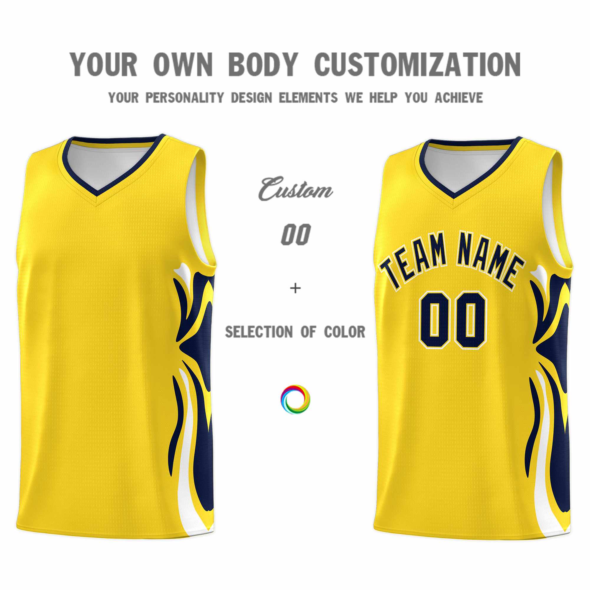 Custom Gold Navy-White Graffiti Pattern Side Curve Pattern Sports Uniform Basketball Jersey Sets