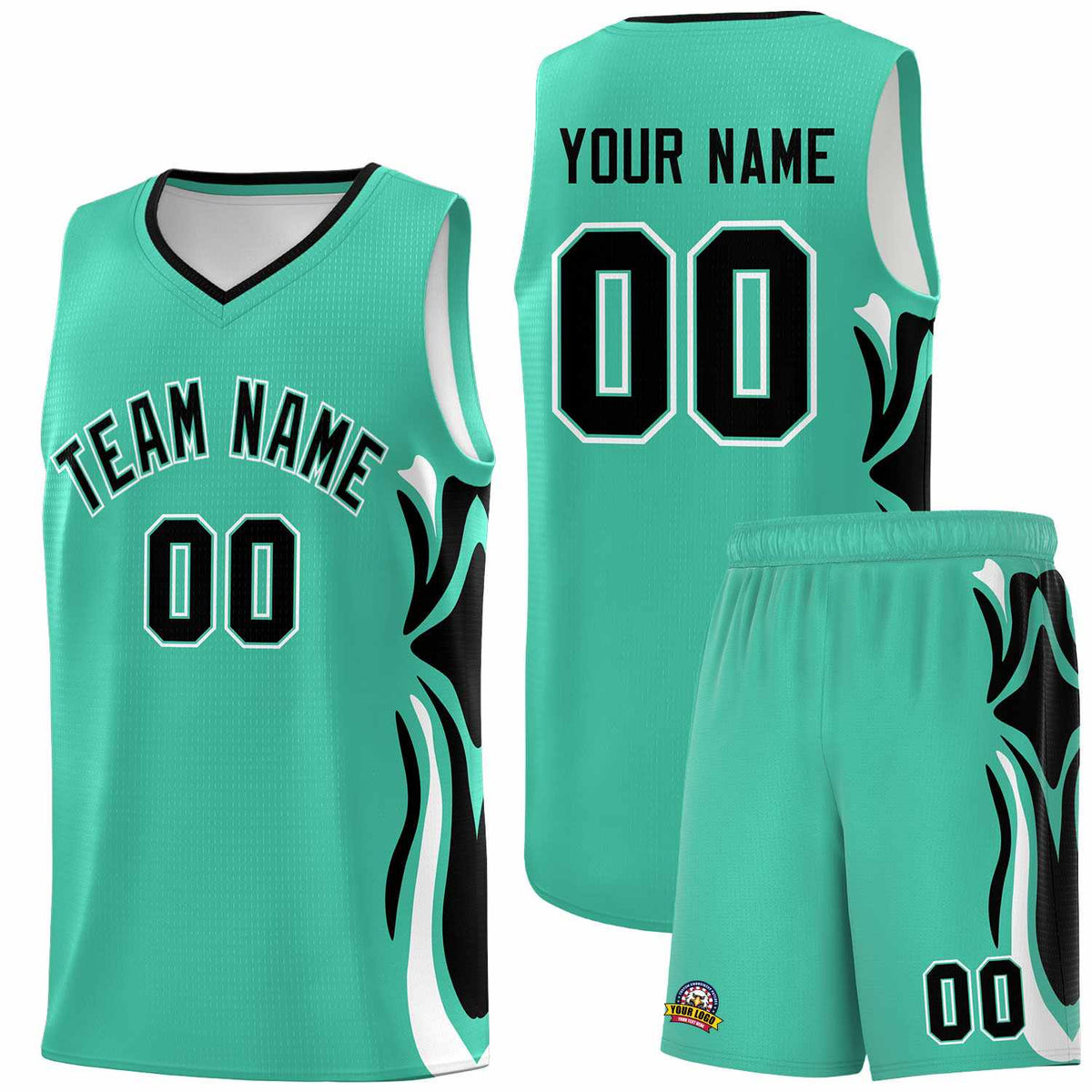 Custom Bright Green Black-White Graffiti Pattern Side Curve Pattern Sports Uniform Basketball Jersey Sets