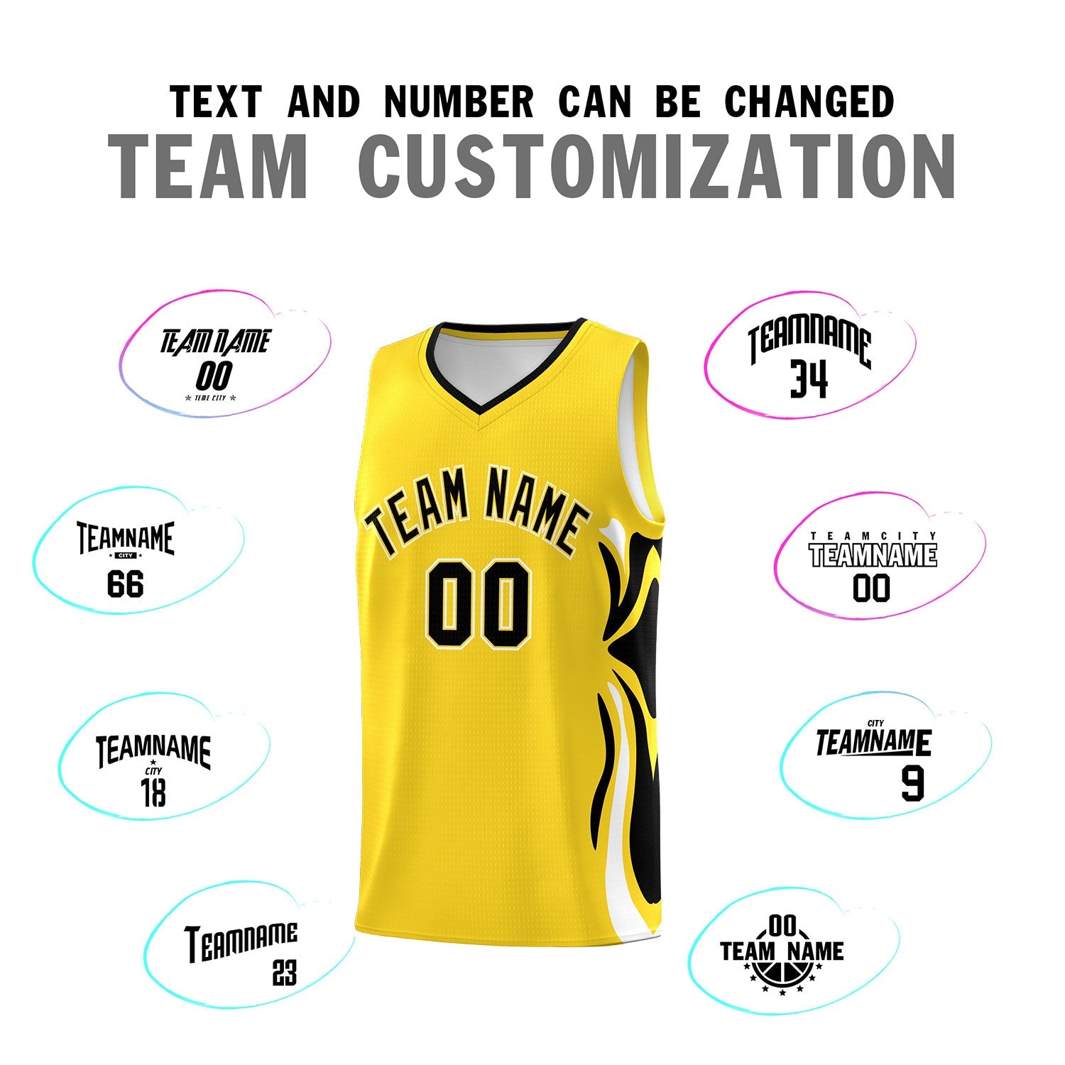 Custom Gold Black-White Graffiti Pattern Side Curve Pattern Sports Uniform Basketball Jersey Sets