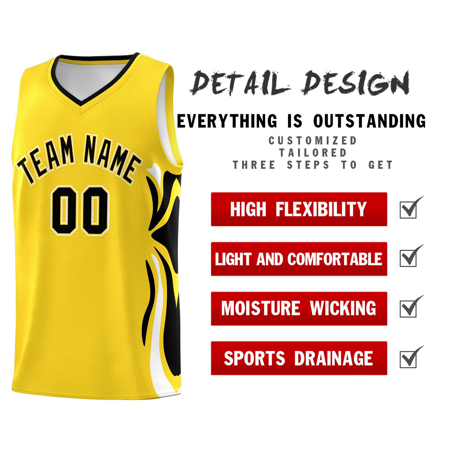 Custom Gold Black-White Graffiti Pattern Side Curve Pattern Sports Uniform Basketball Jersey Sets