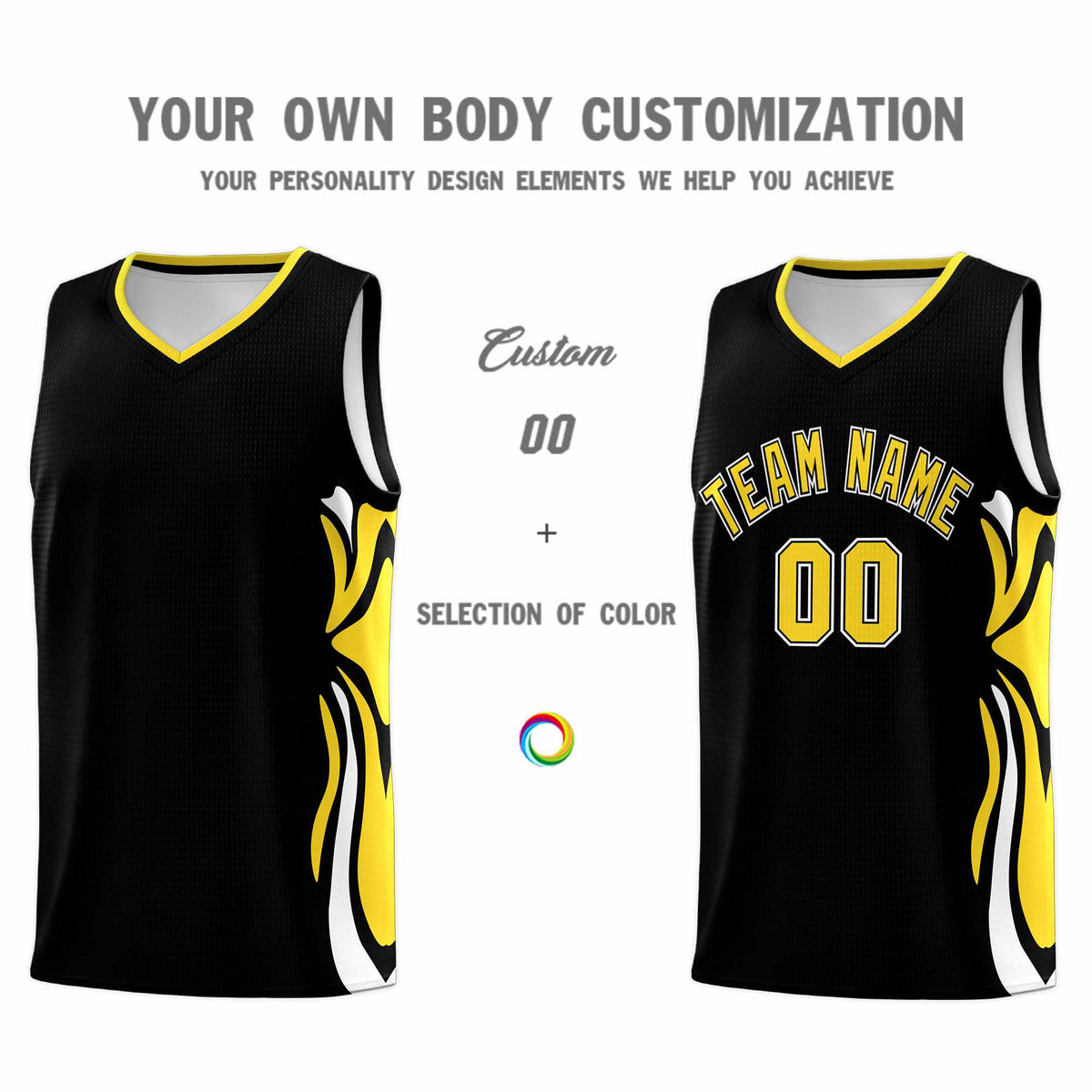 Custom Black Gold-White Graffiti Pattern Side Curve Pattern Sports Uniform Basketball Jersey Sets