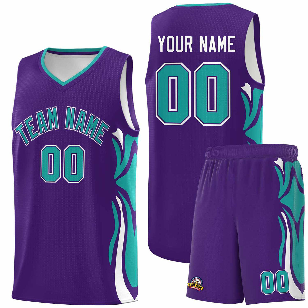 Custom Purple Aqua-White Graffiti Pattern Side Curve Pattern Sports Uniform Basketball Jersey Sets
