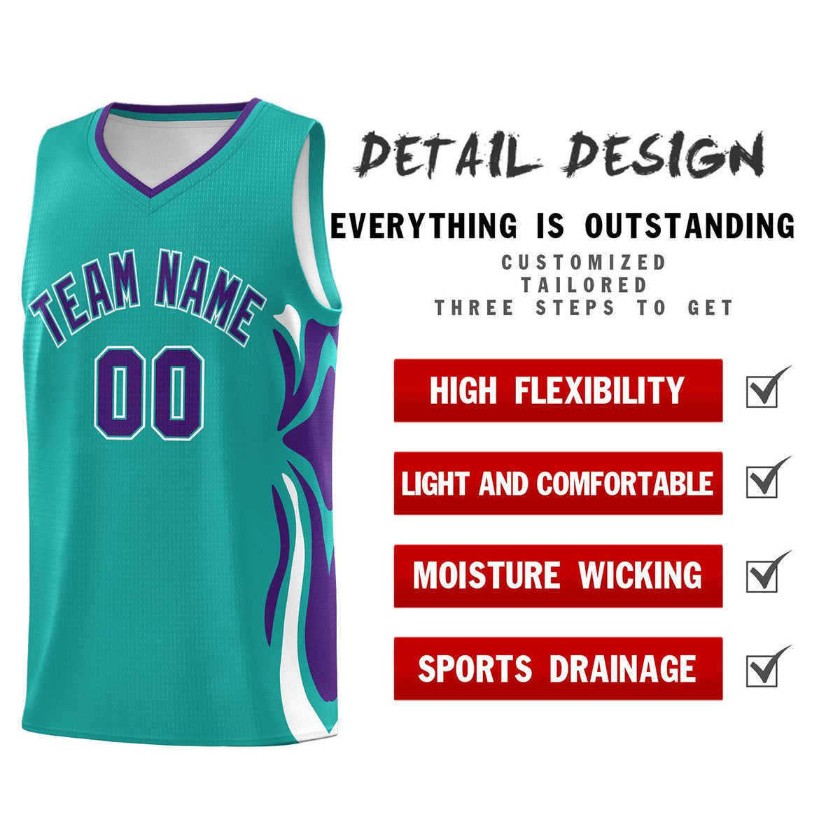 Custom Aqua Purple-White Graffiti Pattern Side Curve Pattern Sports Uniform Basketball Jersey Sets