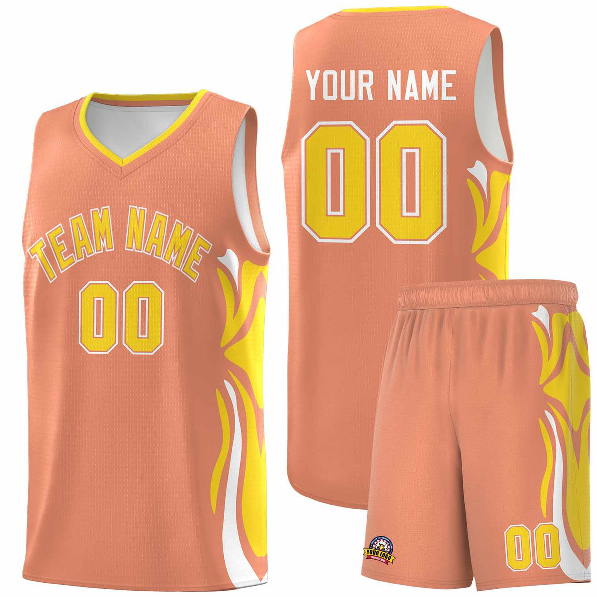 Custom Light Orange Gold-White Graffiti Pattern Side Curve Pattern Sports Uniform Basketball Jersey Sets