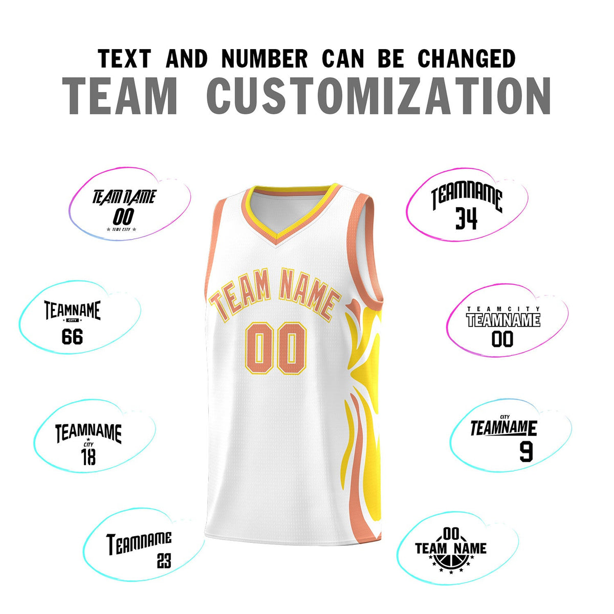 Custom White Light Orange-Gold Graffiti Pattern Side Curve Pattern Sports Uniform Basketball Jersey Sets