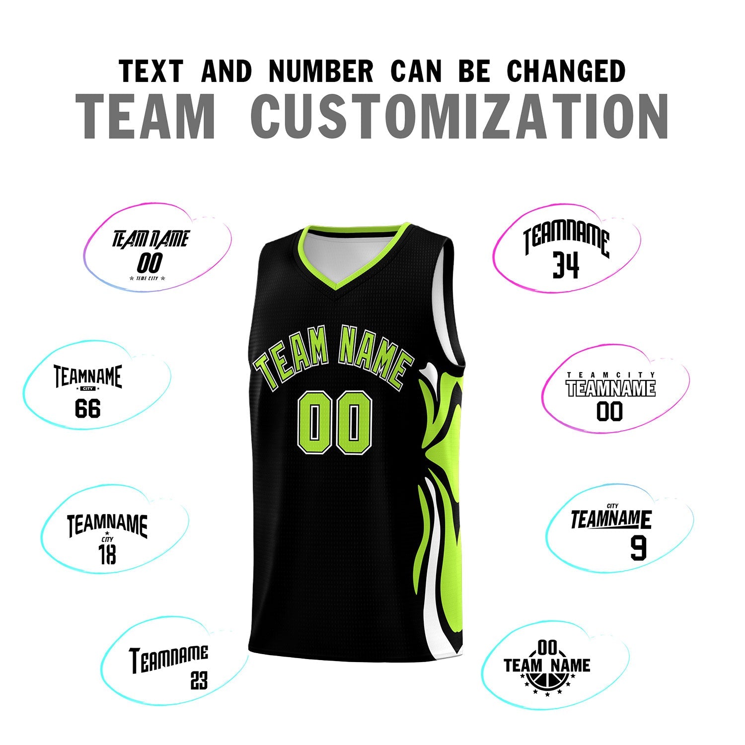 Custom Black Light Green-White Graffiti Pattern Side Curve Pattern Sports Uniform Basketball Jersey Sets