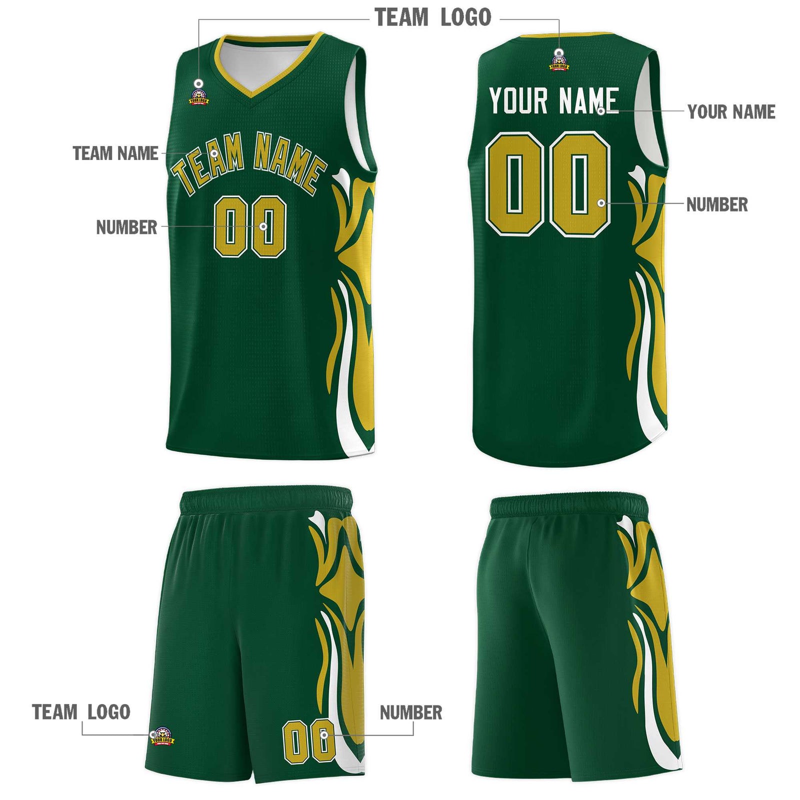 Custom Green Old Gold-White Graffiti Pattern Side Curve Pattern Sports Uniform Basketball Jersey Sets
