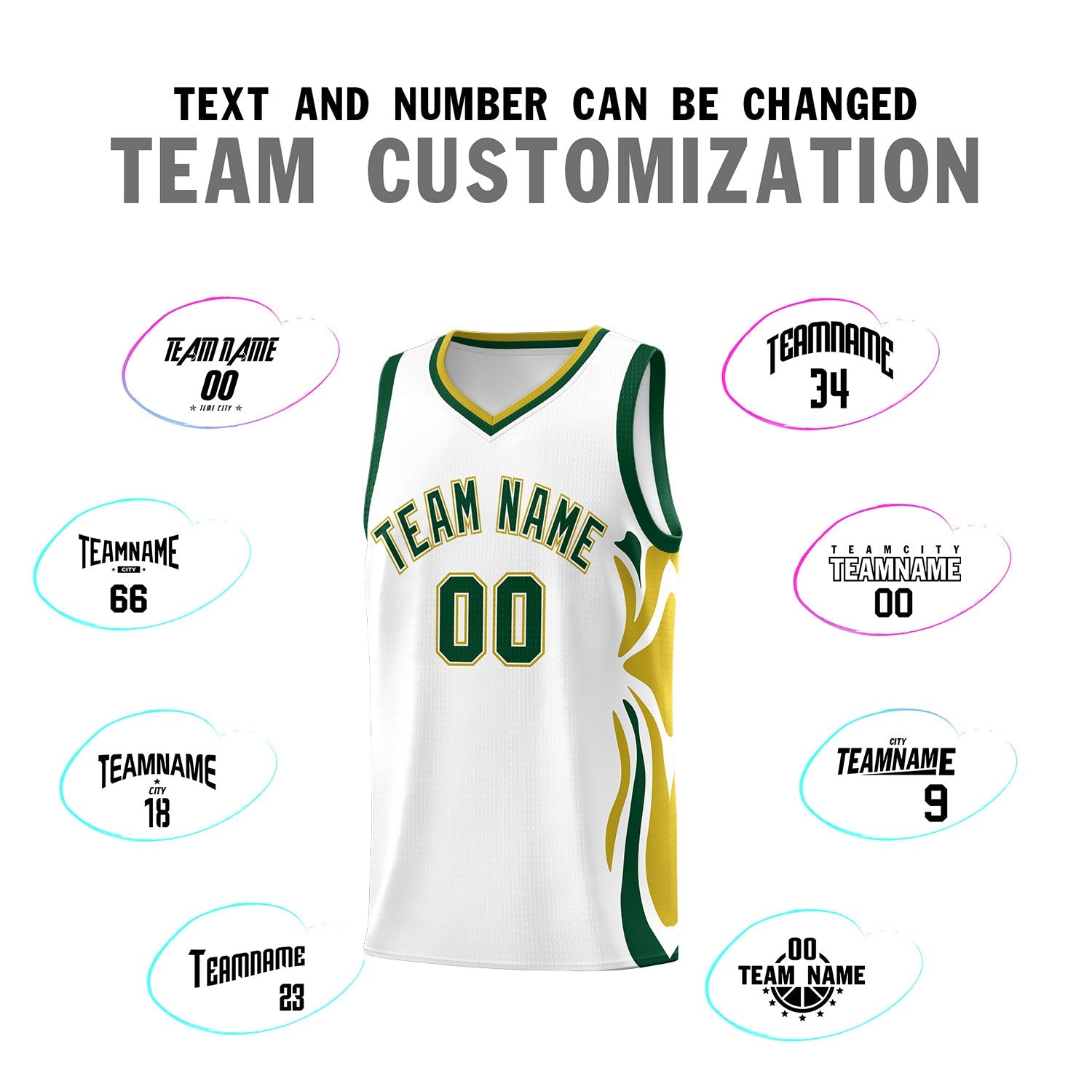 Custom White Green-Old Gold Graffiti Pattern Side Curve Pattern Sports Uniform Basketball Jersey Sets