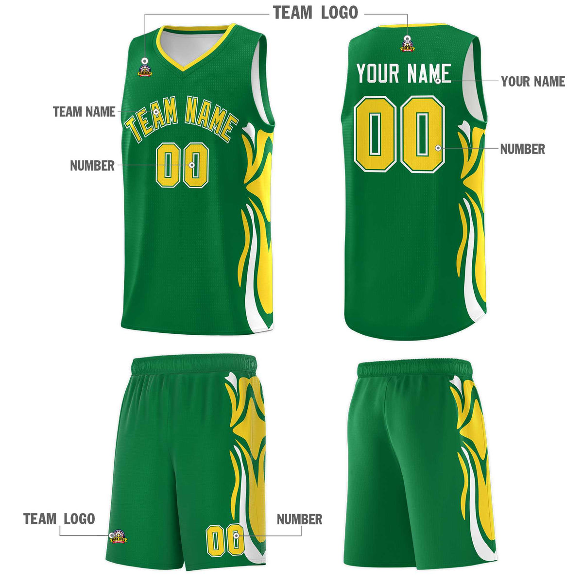 Custom Kelly Green Gold-White Graffiti Pattern Side Curve Pattern Sports Uniform Basketball Jersey Sets