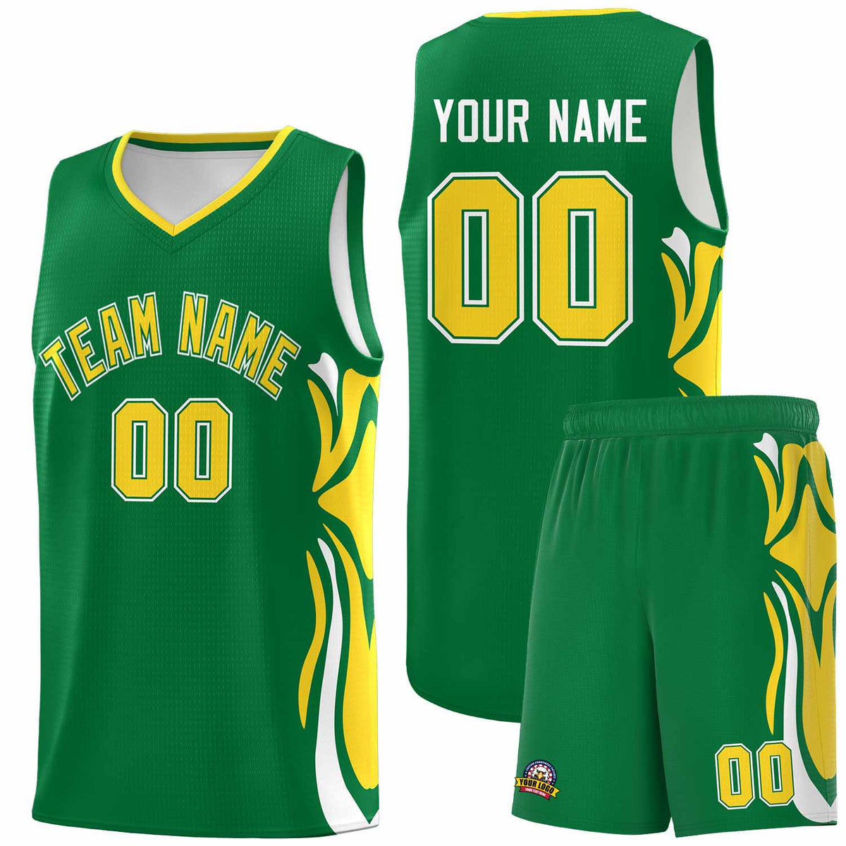 Custom Kelly Green Gold-White Graffiti Pattern Side Curve Pattern Sports Uniform Basketball Jersey Sets