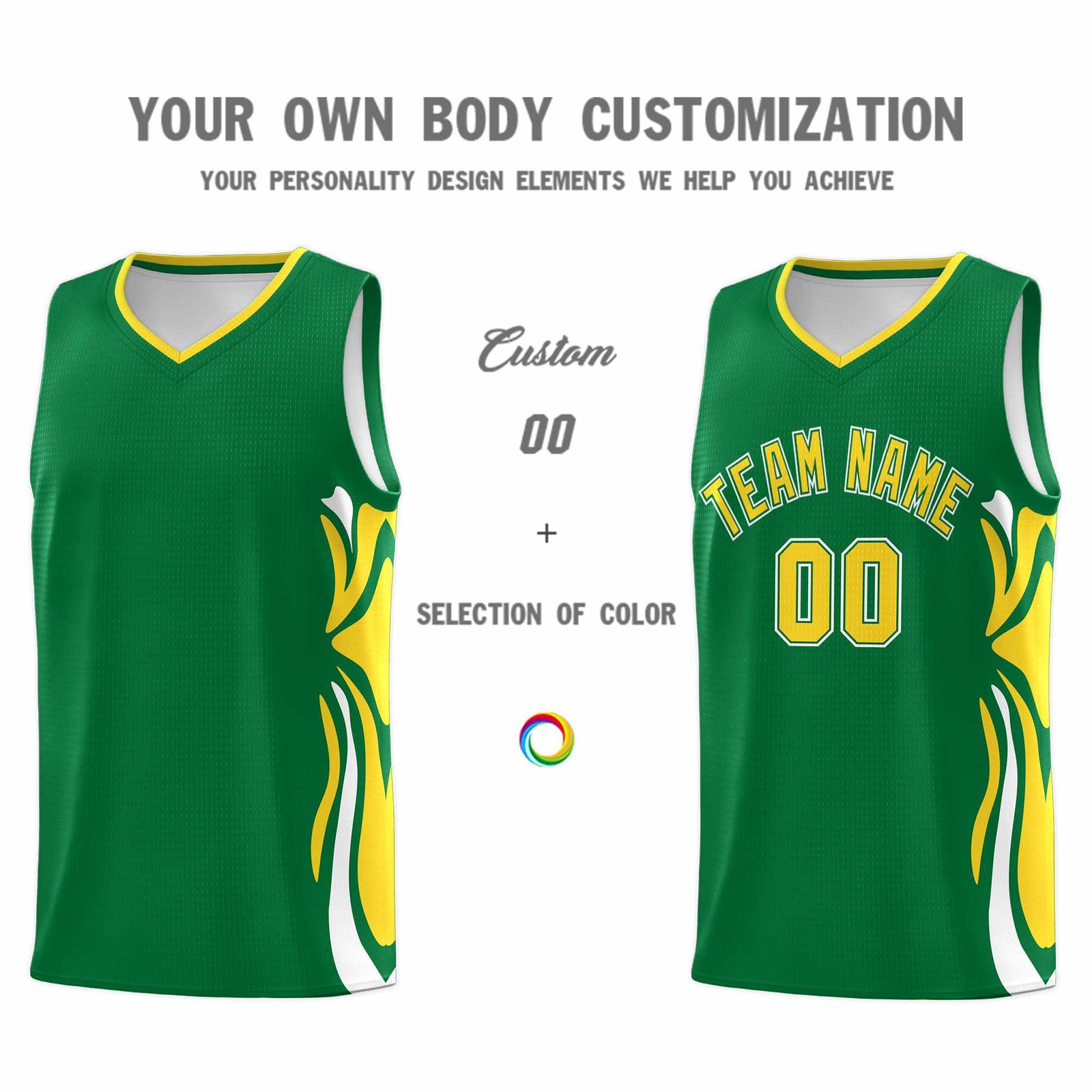 Custom Kelly Green Gold-White Graffiti Pattern Side Curve Pattern Sports Uniform Basketball Jersey Sets
