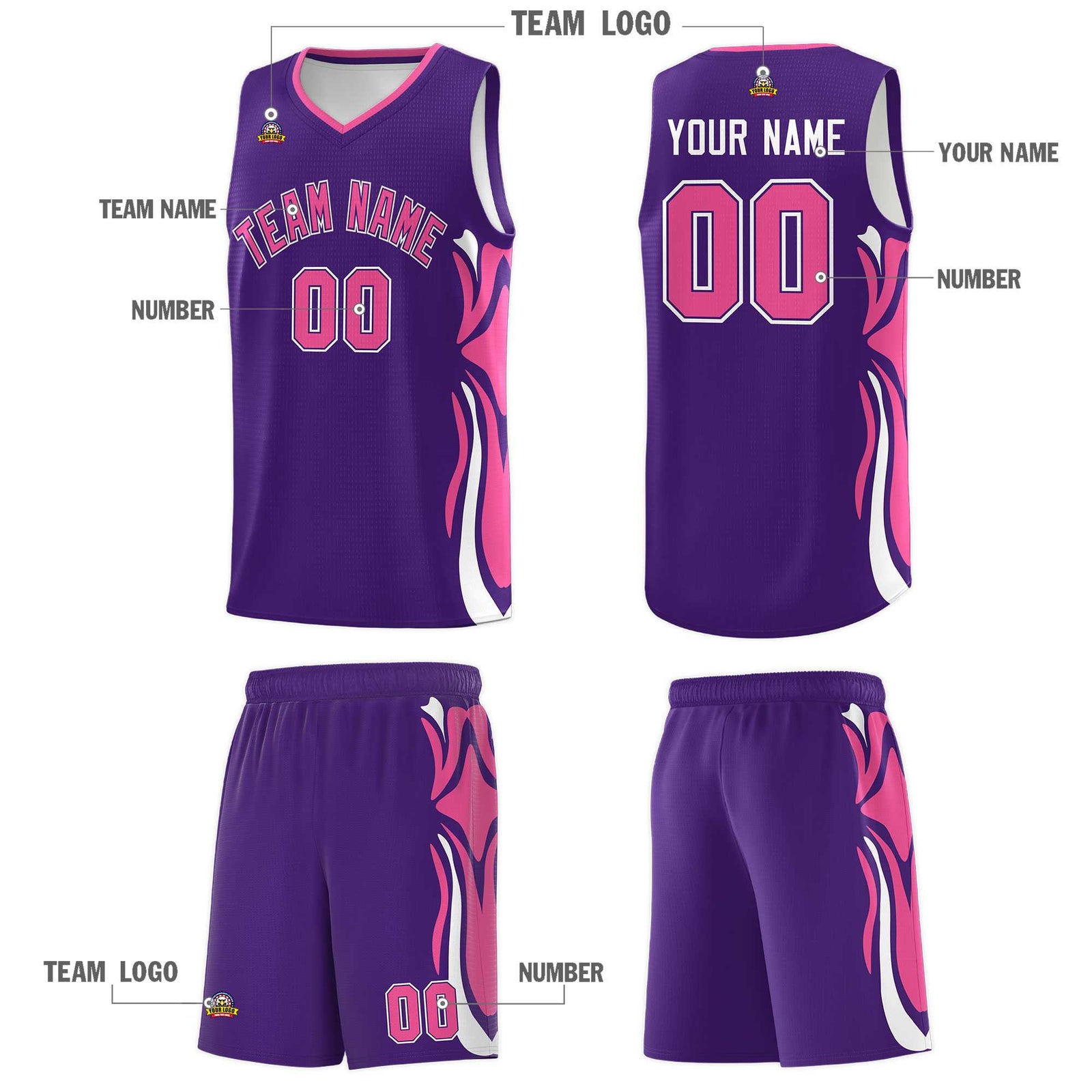Custom Purple Pink-White Graffiti Pattern Side Curve Pattern Sports Uniform Basketball Jersey Sets