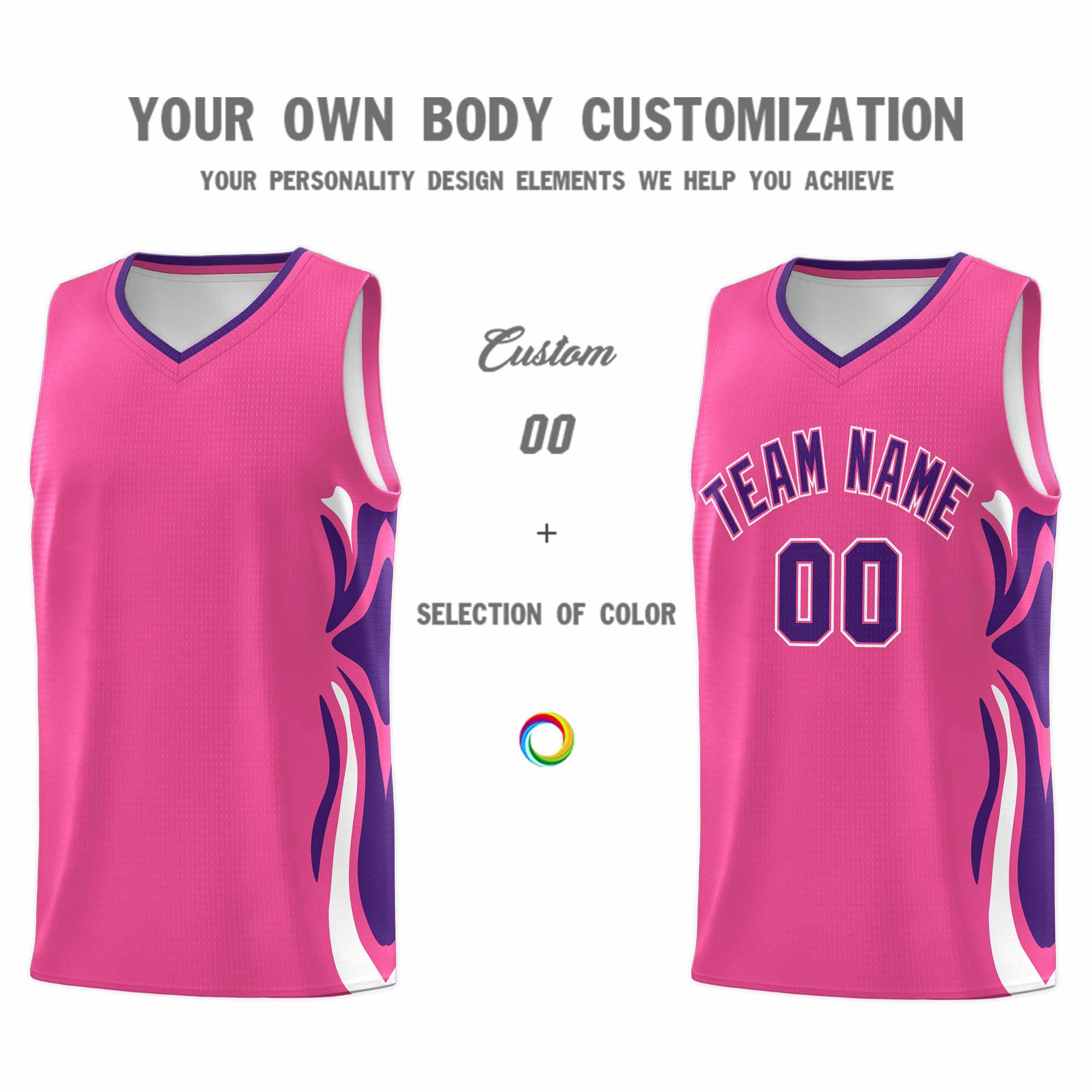 Custom Pink Purple-White Graffiti Pattern Side Curve Pattern Sports Uniform Basketball Jersey Sets