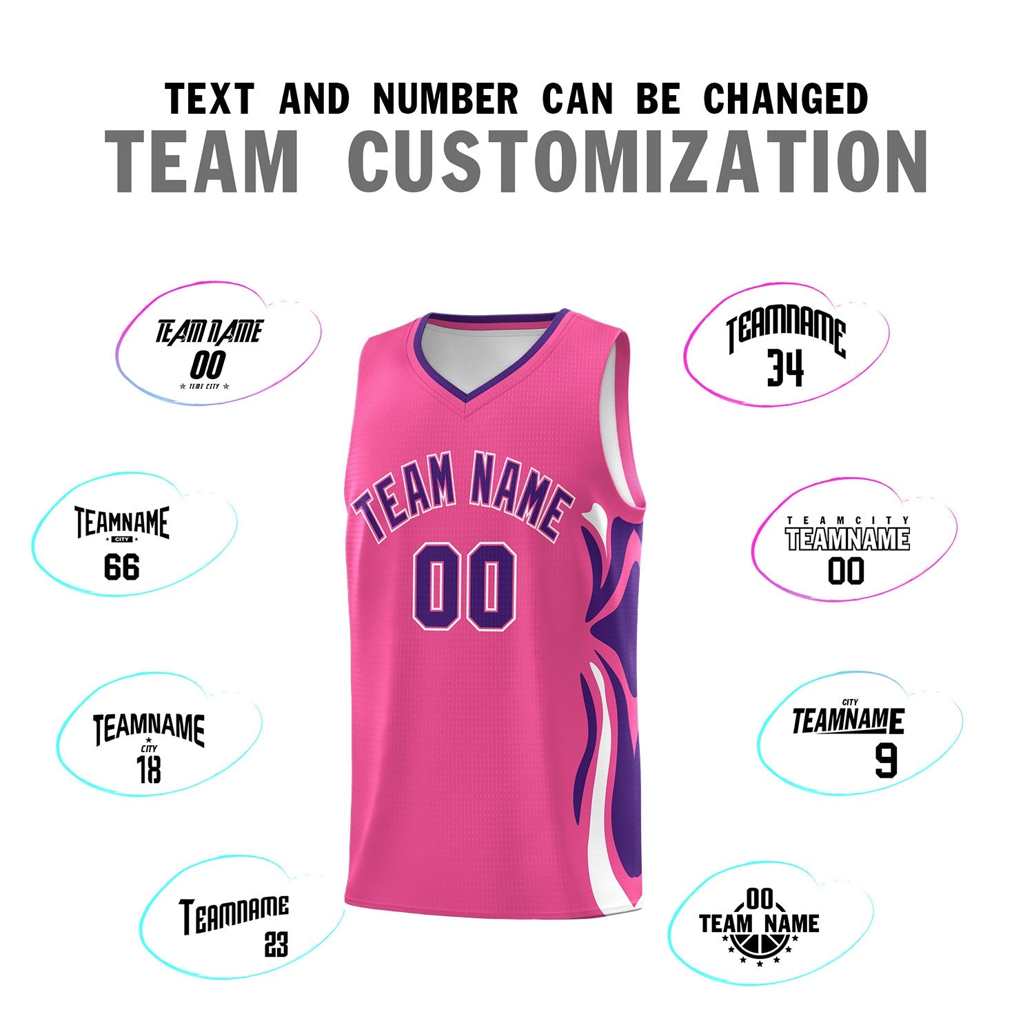 Custom Pink Purple-White Graffiti Pattern Side Curve Pattern Sports Uniform Basketball Jersey Sets