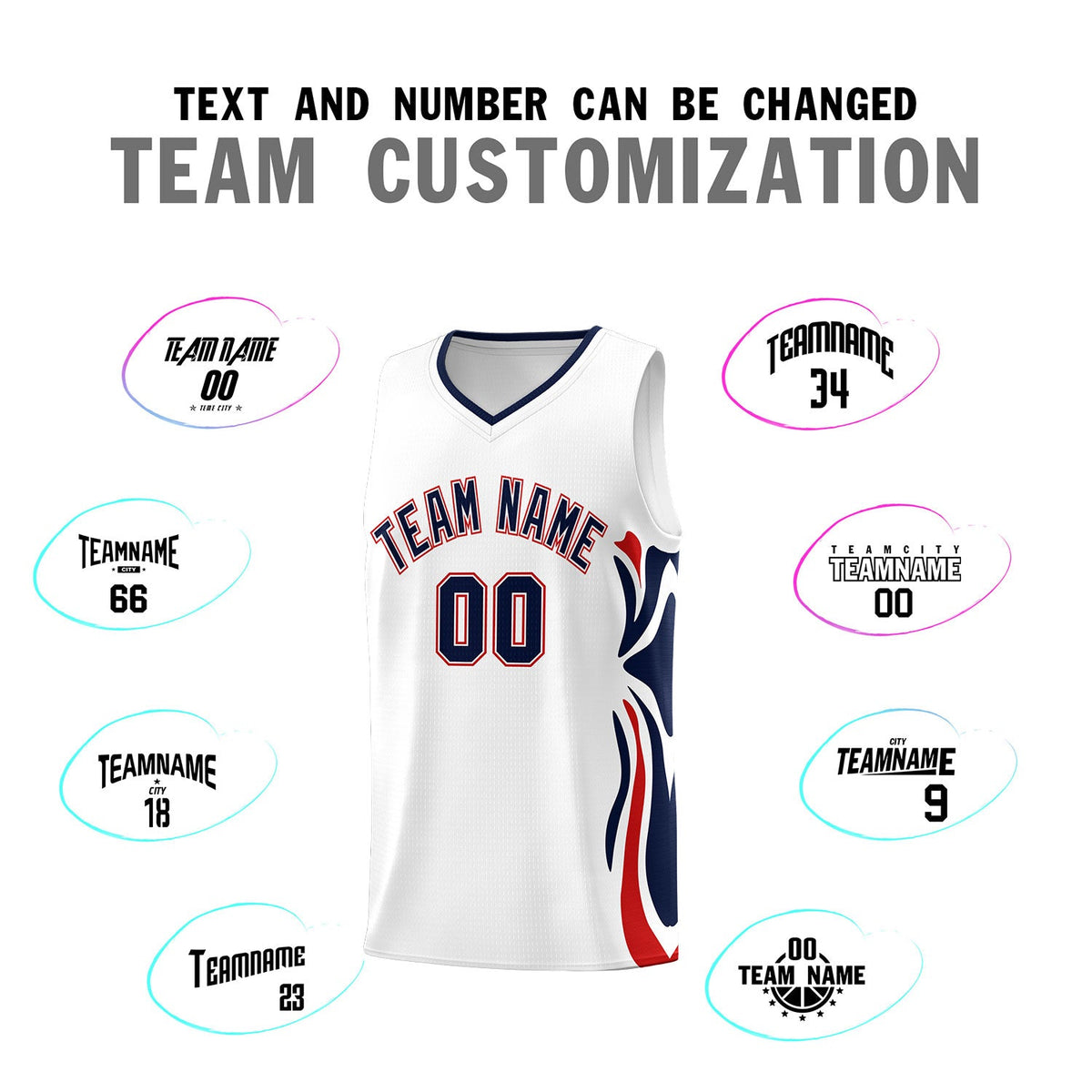 Custom White Navy-Red Graffiti Pattern Side Curve Pattern Sports Uniform Basketball Jersey Sets