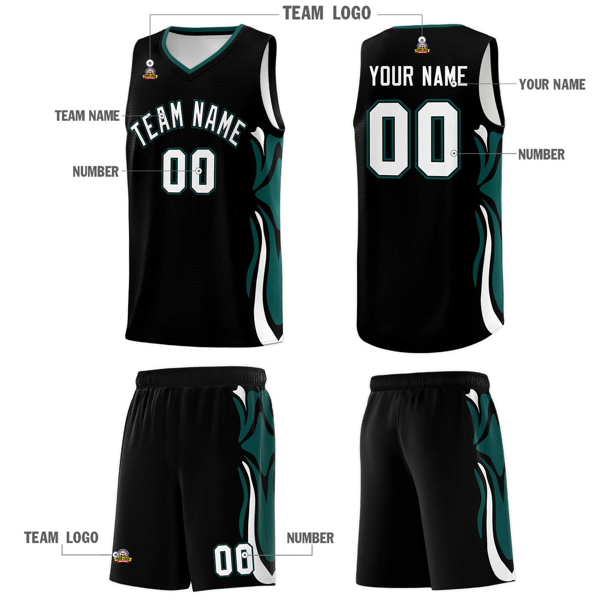 Custom Black White-Midnight Green Graffiti Pattern Side Curve Pattern Sports Uniform Basketball Jersey Sets