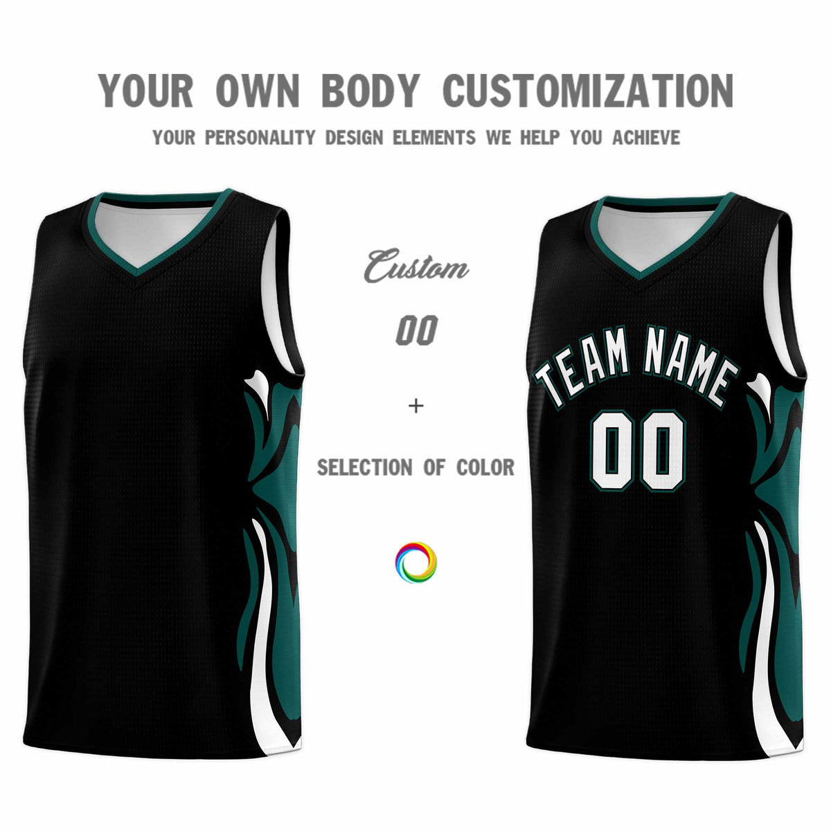 Custom Black White-Midnight Green Graffiti Pattern Side Curve Pattern Sports Uniform Basketball Jersey Sets