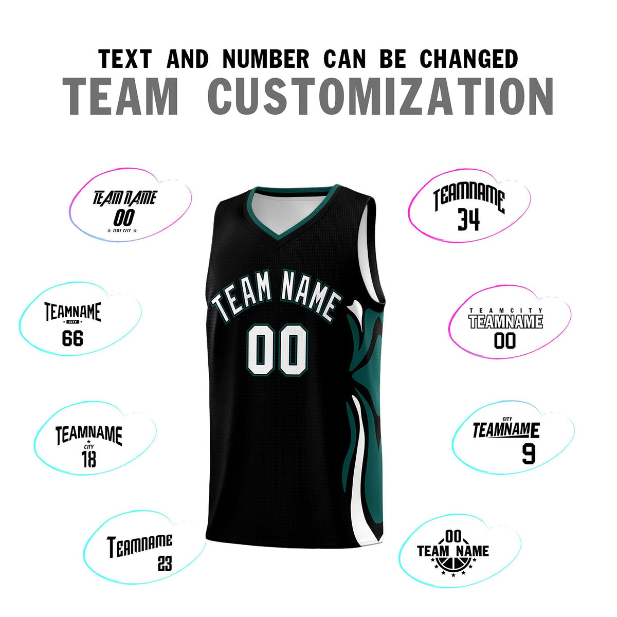 Custom Black White-Midnight Green Graffiti Pattern Side Curve Pattern Sports Uniform Basketball Jersey Sets