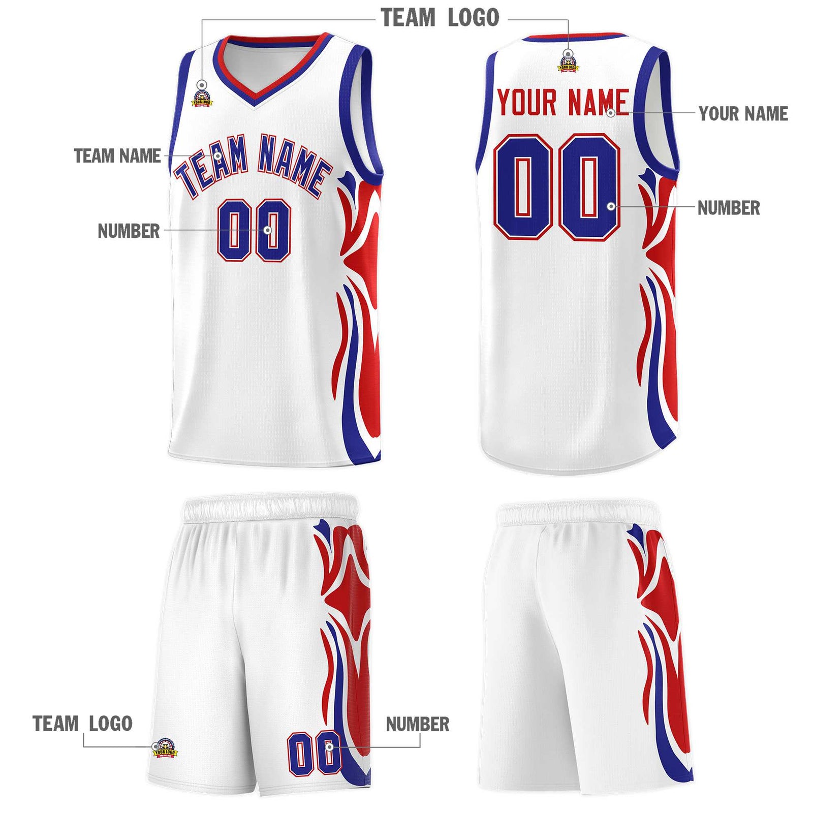 Custom White Royal-Red Graffiti Pattern Side Curve Pattern Sports Uniform Basketball Jersey Sets