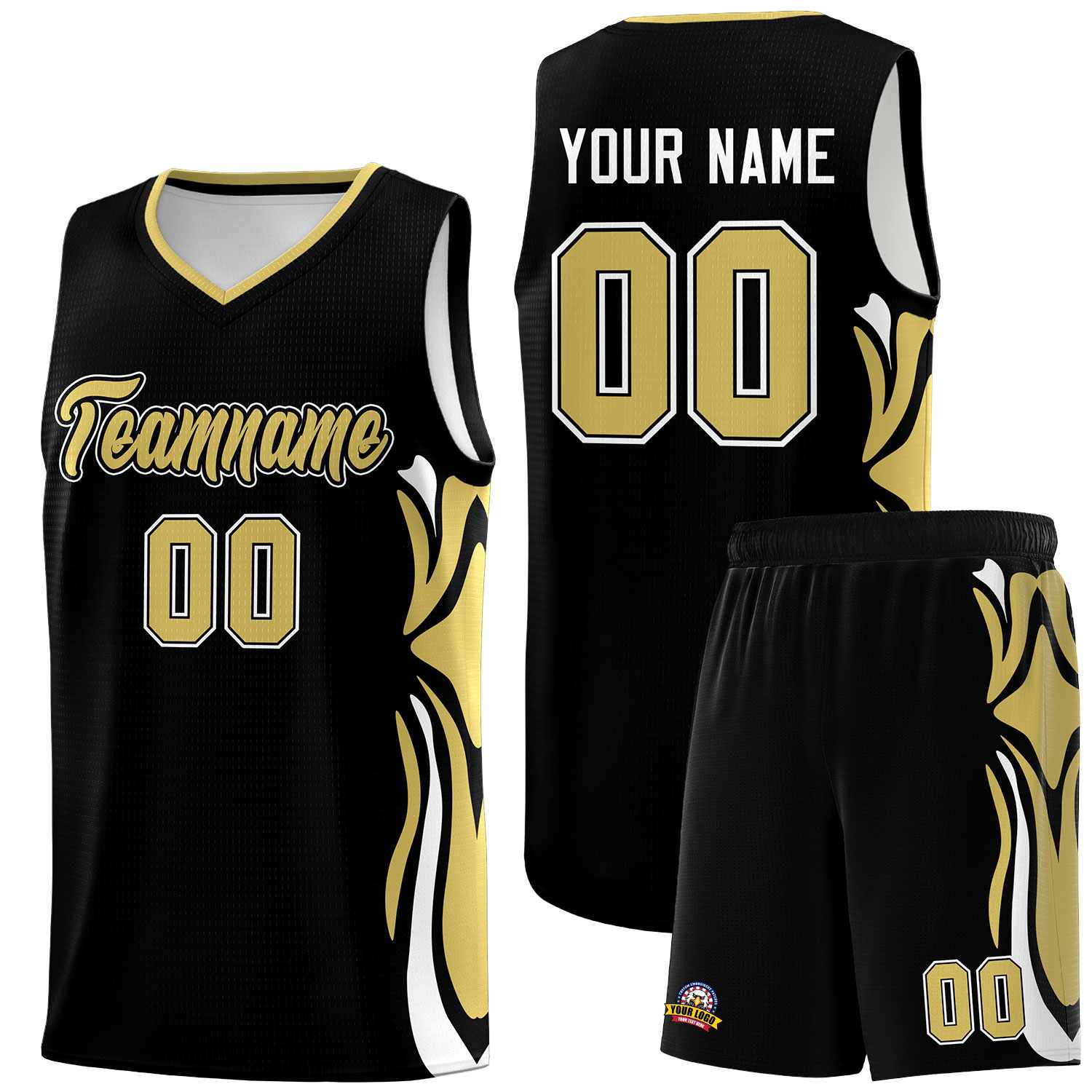 Custom Black Old Gold-White Graffiti Pattern Side Curve Pattern Sports Uniform Basketball Jersey Sets