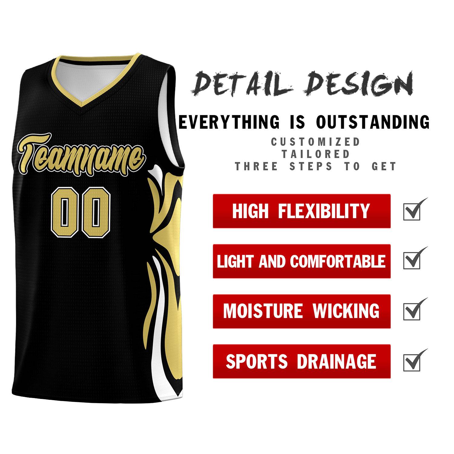 Custom Black Old Gold-White Graffiti Pattern Side Curve Pattern Sports Uniform Basketball Jersey Sets
