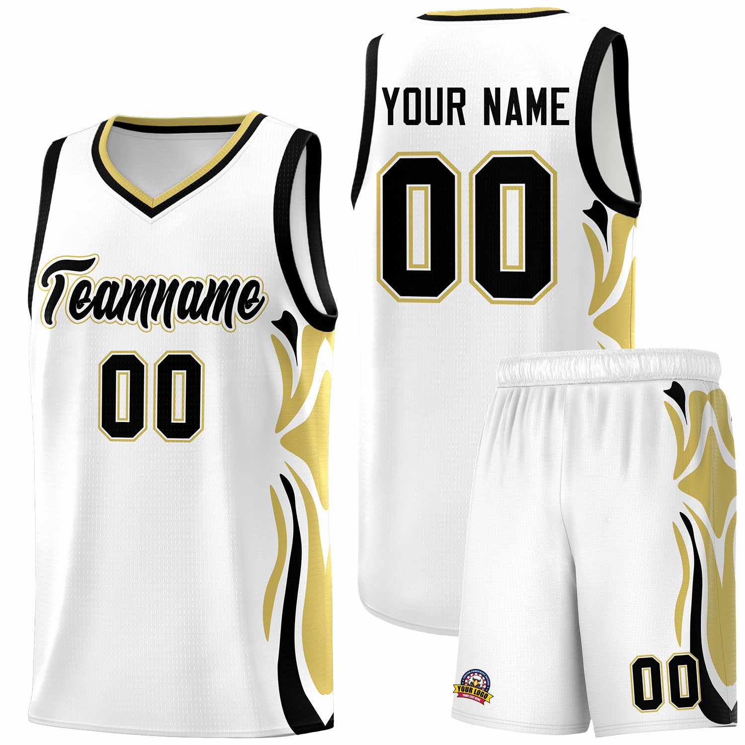 Custom White Black-Old Gold Graffiti Pattern Side Curve Pattern Sports Uniform Basketball Jersey Sets