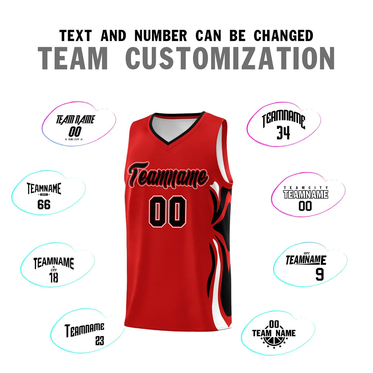 Custom Red Black-White Graffiti Pattern Side Curve Pattern Sports Uniform Basketball Jersey Sets