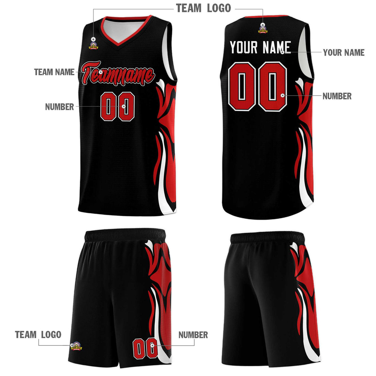 Custom Black Red-White Graffiti Pattern Side Curve Pattern Sports Uniform Basketball Jersey Sets