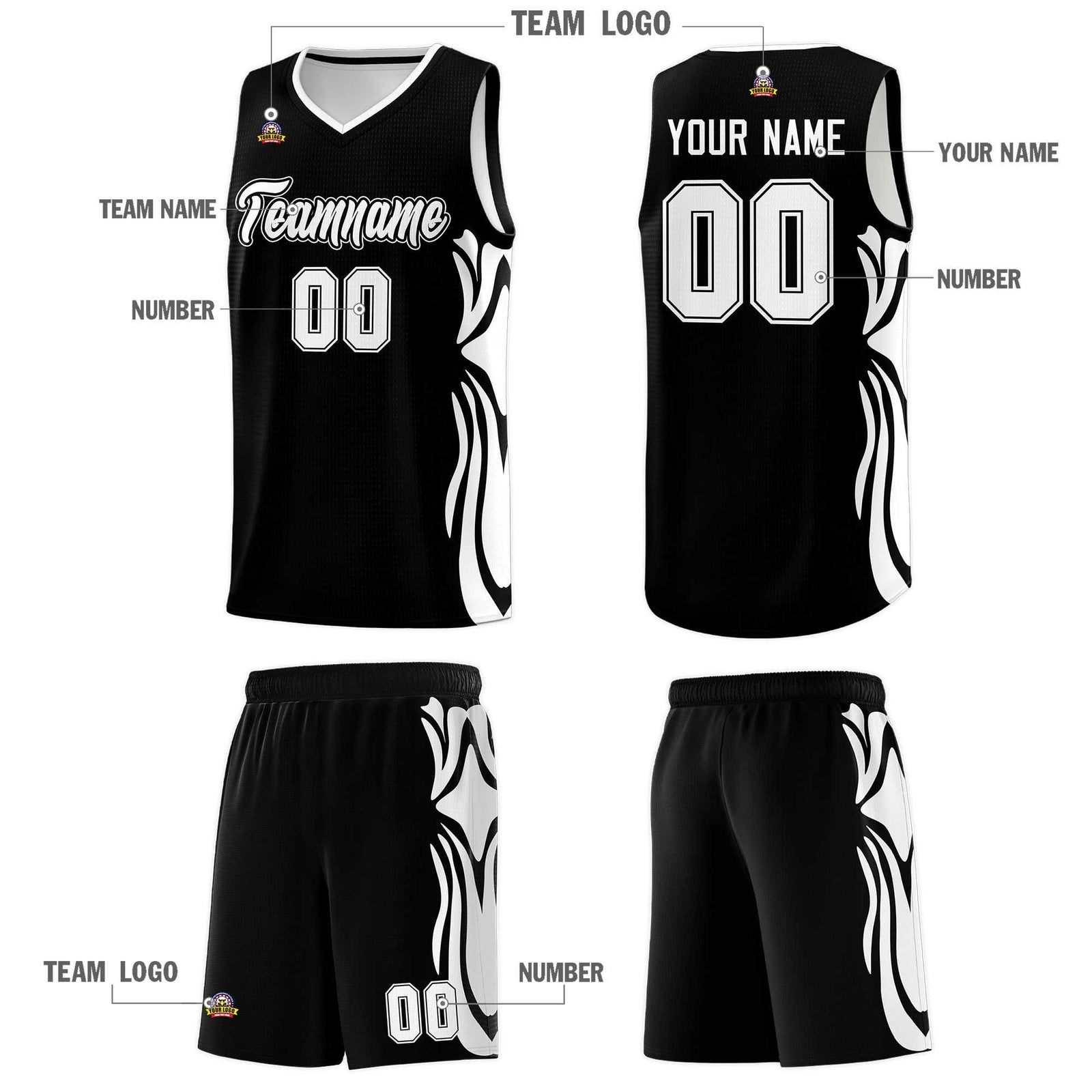 Custom Black White-White Graffiti Pattern Side Curve Pattern Sports Uniform Basketball Jersey Sets