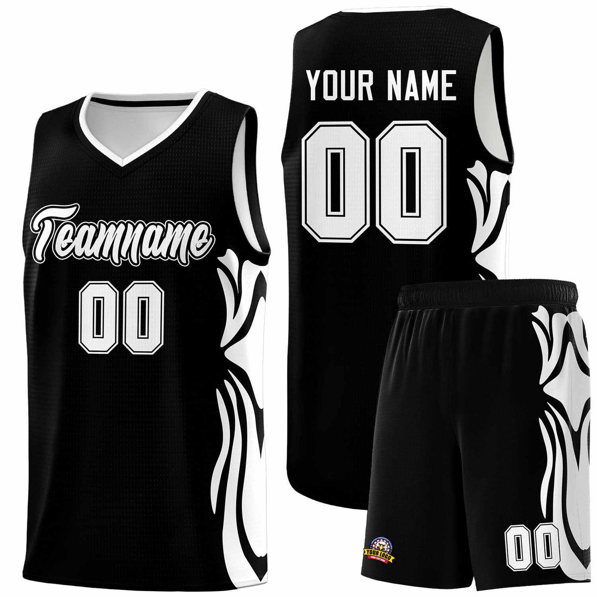 Custom Black White-White Graffiti Pattern Side Curve Pattern Sports Uniform Basketball Jersey Sets