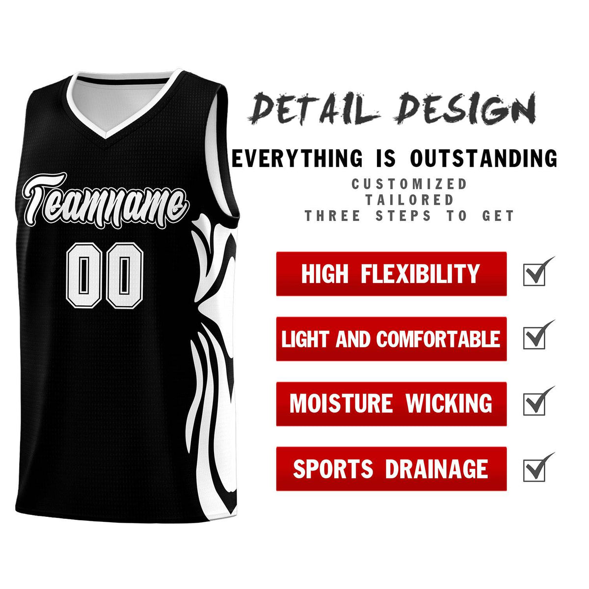 Custom Black White-White Graffiti Pattern Side Curve Pattern Sports Uniform Basketball Jersey Sets