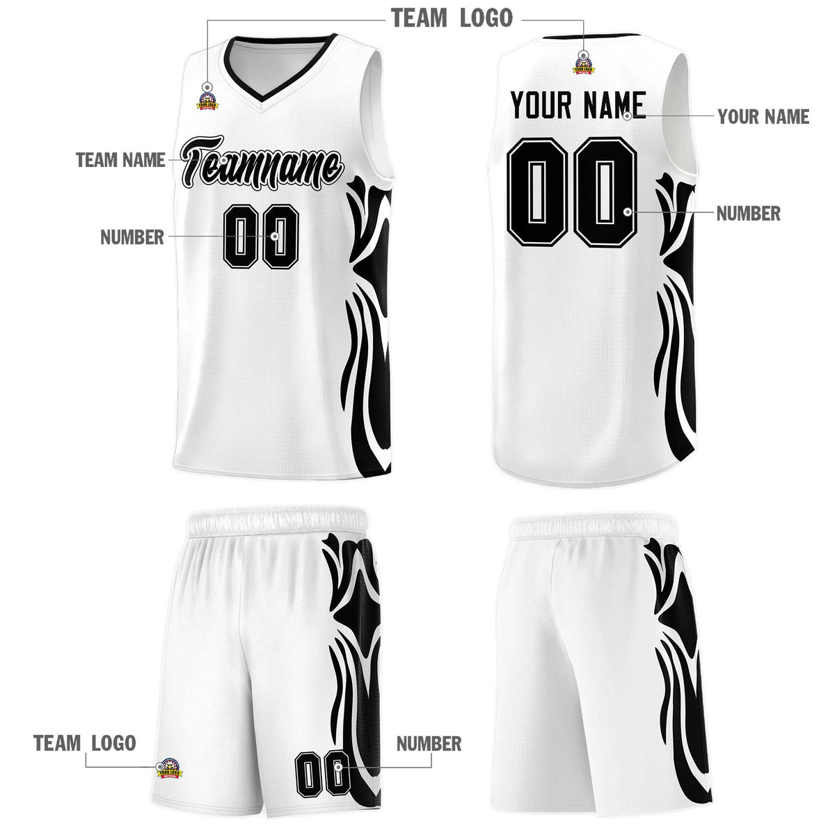Custom White Black-Black Graffiti Pattern Side Curve Pattern Sports Uniform Basketball Jersey Sets