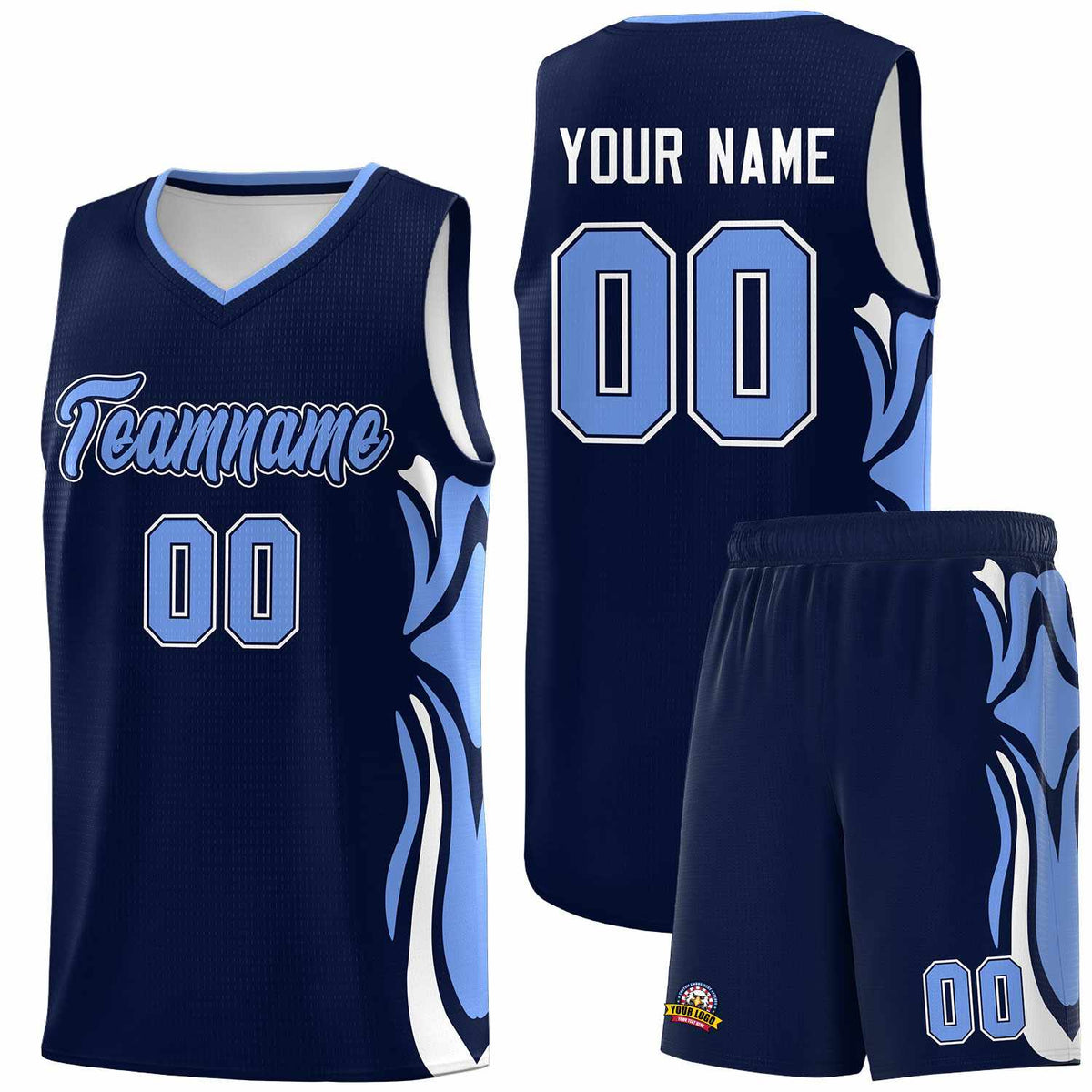 Custom Navy Light Blue-White Graffiti Pattern Side Curve Pattern Sports Uniform Basketball Jersey Sets