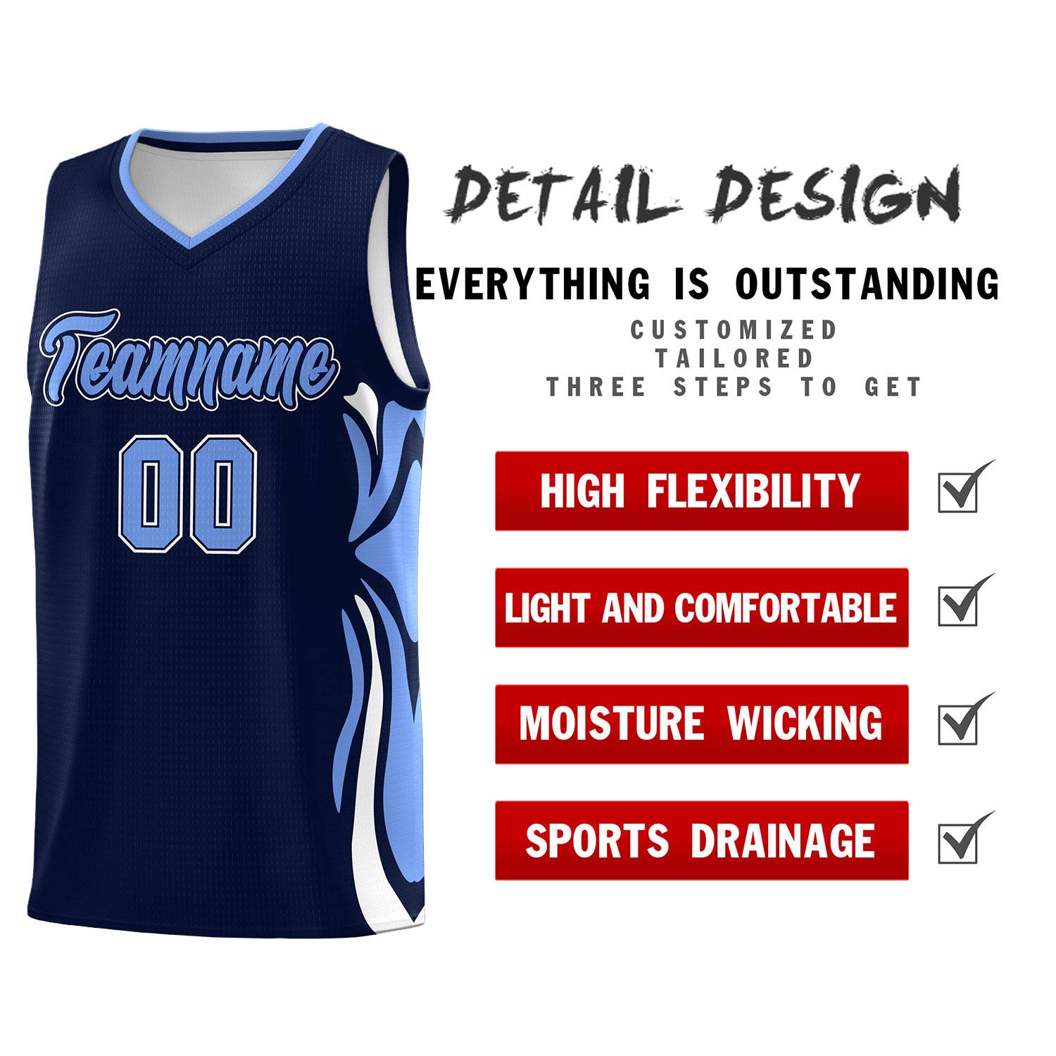 Custom Navy Light Blue-White Graffiti Pattern Side Curve Pattern Sports Uniform Basketball Jersey Sets