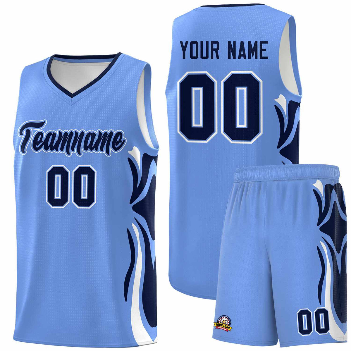 Custom Light Blue Navy-White Graffiti Pattern Side Curve Pattern Sports Uniform Basketball Jersey Sets