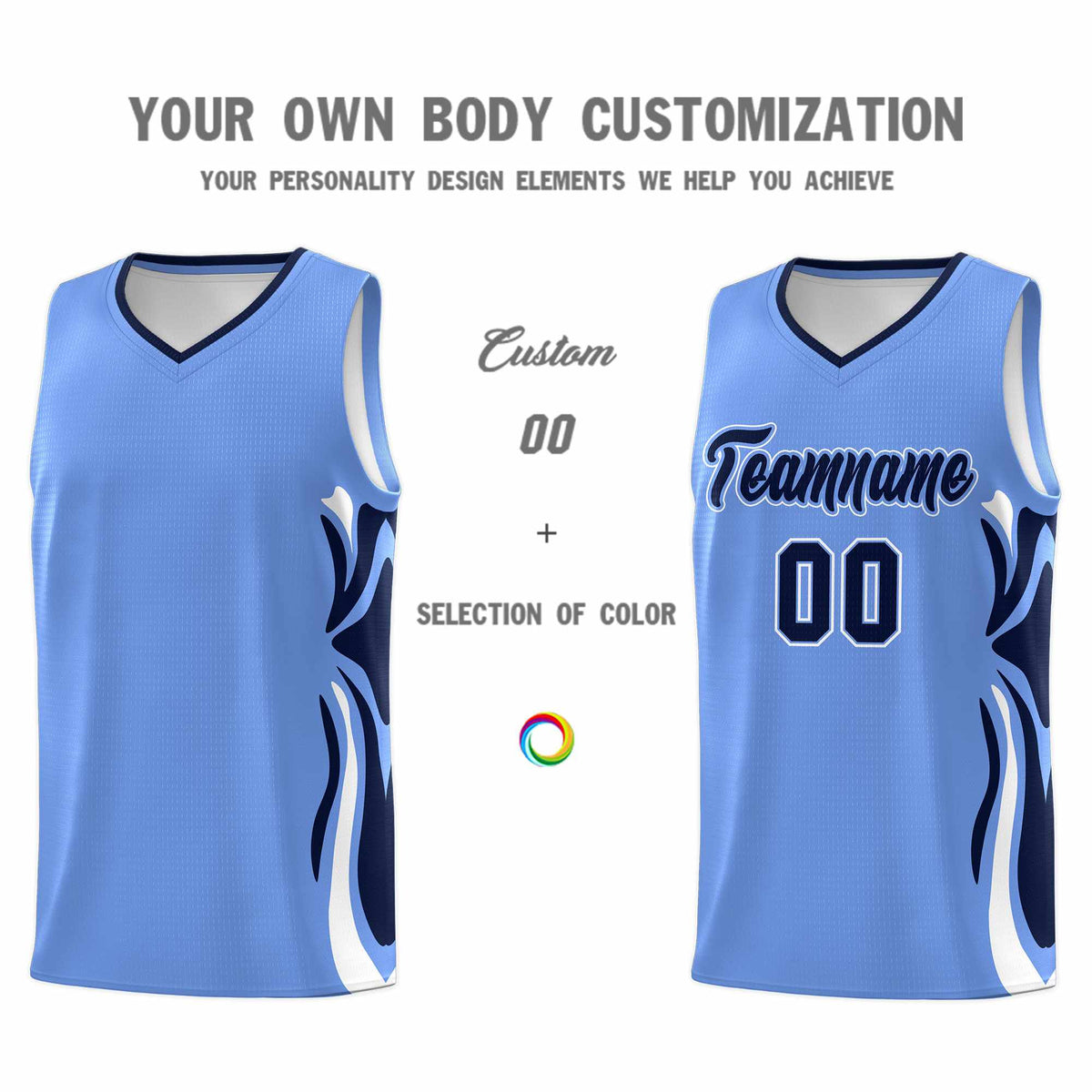 Custom Light Blue Navy-White Graffiti Pattern Side Curve Pattern Sports Uniform Basketball Jersey Sets